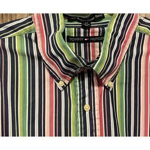 Tommy Hilfiger Two Button Band Collar Striped Shirt Size XL Long Sleeve